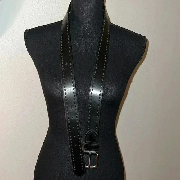 Unisex Genuine Black Perforated Leather Belt with Brushed Silver Buckle XL - Picture 1 of 14